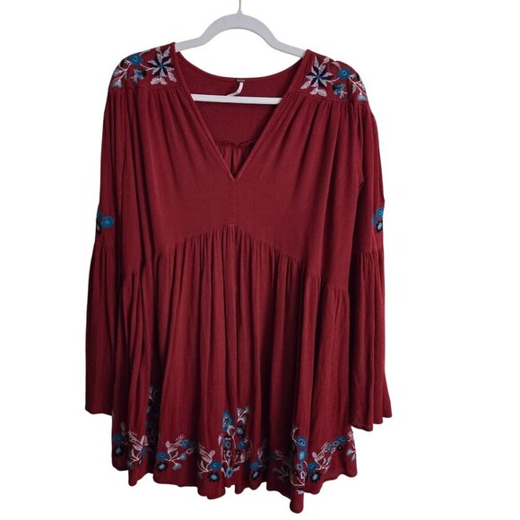 Free People Te Amo Embroidered Flare Sleeve V Neck Babydoll Swing Dress Size M - Picture 2 of 13